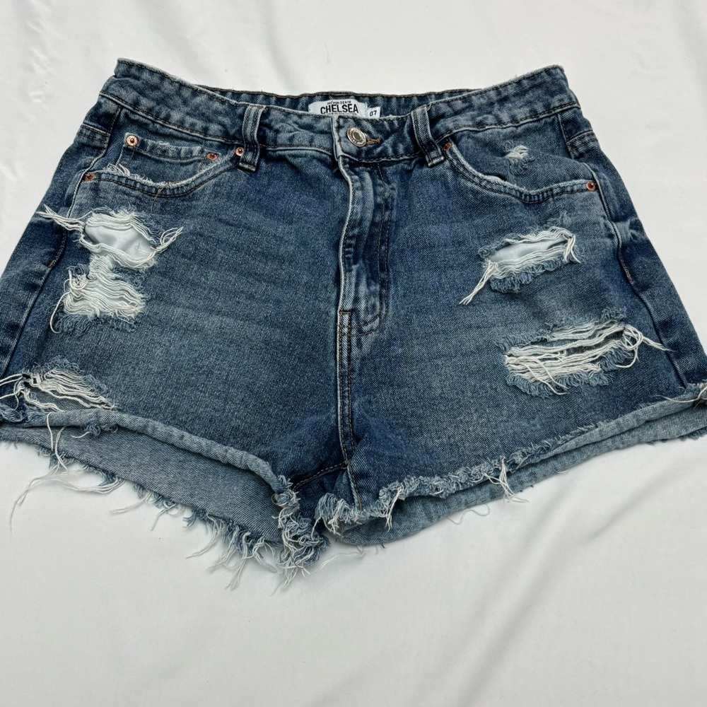 Chelsea High Rise Destructed Blue Distressed Denim Jean Shorts with Frayed Hem